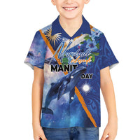 Marshall Islands Manit Day Family Matching Short Sleeve Bodycon Dress and Hawaiian Shirt Grunge National Flag with Whales and Tribal Tattoos - Polynesian Pride