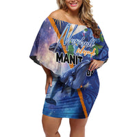 Marshall Islands Manit Day Off Shoulder Short Dress Grunge National Flag with Whales and Tribal Tattoos - Polynesian Pride