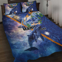 Marshall Islands Manit Day Quilt Bed Set Grunge National Flag with Whales and Tribal Tattoos - Polynesian Pride