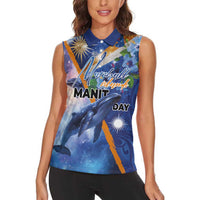 Marshall Islands Manit Day Women Sleeveless Polo Shirt Grunge National Flag with Whales and Tribal Tattoos - Polynesian Pride