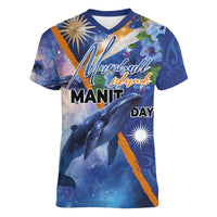 Marshall Islands Manit Day Women V-Neck T-Shirt Grunge National Flag with Whales and Tribal Tattoos - Polynesian Pride