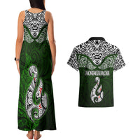 Aotearoa New Zealand Couples Matching Tank Maxi Dress and Hawaiian Shirt Silver Fern and Matau with Maori Tribal Green Style LT03 - Polynesian Pride