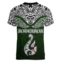 Aotearoa New Zealand Women V Neck T Shirt Silver Fern and Matau with Maori Tribal Green Style LT03 - Polynesian Pride