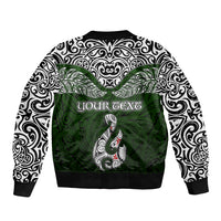 Custom Aotearoa New Zealand Bomber Jacket Silver Fern and Matau with Maori Tribal Green Style LT03 - Polynesian Pride