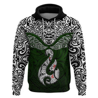 Custom Aotearoa New Zealand Hoodie Silver Fern and Matau with Maori Tribal Green Style LT03 Pullover Hoodie Green - Polynesian Pride