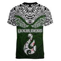 Custom Aotearoa New Zealand Women V Neck T Shirt Silver Fern and Matau with Maori Tribal Green Style LT03 - Polynesian Pride