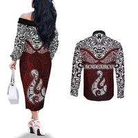 Aotearoa New Zealand Couples Matching Off The Shoulder Long Sleeve Dress and Long Sleeve Button Shirts Silver Fern and Matau with Maori Tribal Red Style LT03 - Polynesian Pride