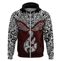 Aotearoa New Zealand Hoodie Silver Fern and Matau with Maori Tribal Red Style LT03 Zip Hoodie Red - Polynesian Pride