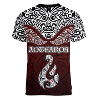 Aotearoa New Zealand Women V Neck T Shirt Silver Fern and Matau with Maori Tribal Red Style LT03 - Polynesian Pride