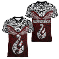 Aotearoa New Zealand Women V Neck T Shirt Silver Fern and Matau with Maori Tribal Red Style LT03 - Polynesian Pride