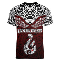Custom Aotearoa New Zealand Women V Neck T Shirt Silver Fern and Matau with Maori Tribal Red Style LT03 - Polynesian Pride