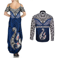 Custom Aotearoa New Zealand Couples Matching Summer Maxi Dress and Long Sleeve Button Shirts Silver Fern and Matau with Maori Tribal Blue Style LT03 - Polynesian Pride