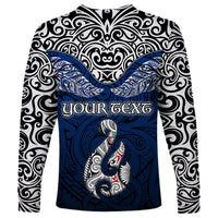 Custom Aotearoa New Zealand Long Sleeve Shirt Silver Fern and Matau with Maori Tribal Blue Style LT03 - Polynesian Pride