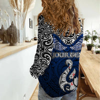 Custom Aotearoa New Zealand Women Casual Shirt Silver Fern and Matau with Maori Tribal Blue Style LT03 - Polynesian Pride