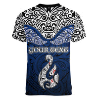 Custom Aotearoa New Zealand Women V Neck T Shirt Silver Fern and Matau with Maori Tribal Blue Style LT03 - Polynesian Pride