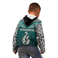 Aotearoa New Zealand Kid Hoodie Silver Fern and Matau with Maori Tribal Turquoise Style LT03 - Polynesian Pride