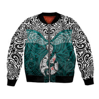 Custom Aotearoa New Zealand Bomber Jacket Silver Fern and Matau with Maori Tribal Turquoise Style LT03 Unisex Turquoise - Polynesian Pride