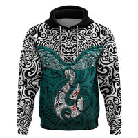 Custom Aotearoa New Zealand Hoodie Silver Fern and Matau with Maori Tribal Turquoise Style LT03 Pullover Hoodie Turquoise - Polynesian Pride