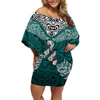 Custom Aotearoa New Zealand Off Shoulder Short Dress Silver Fern and Matau with Maori Tribal Turquoise Style LT03 Women Turquoise - Polynesian Pride