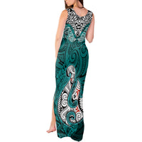 Custom Aotearoa New Zealand Tank Maxi Dress Silver Fern and Matau with Maori Tribal Turquoise Style LT03 - Polynesian Pride