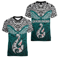 Custom Aotearoa New Zealand Women V Neck T Shirt Silver Fern and Matau with Maori Tribal Turquoise Style LT03 - Polynesian Pride