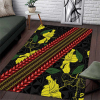 Samoan Culture Area Rug Hibiscus and Ula Fala with Tapa Pattern Black Color