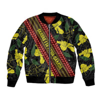 Samoan Culture Bomber Jacket Hibiscus and Ula Fala with Tapa Pattern Black Color
