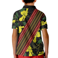 Samoan Culture Kid Polo Shirt Hibiscus and Ula Fala with Tapa Pattern Black Color LT03 - Polynesian Pride