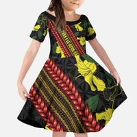 Samoan Culture Kid Short Sleeve Dress Hibiscus and Ula Fala with Tapa Pattern Black Color LT03 KID Black - Polynesian Pride