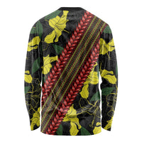 Samoan Culture Long Sleeve Shirt Hibiscus and Ula Fala with Tapa Pattern Black Color