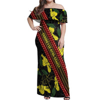 Samoan Culture Off Shoulder Maxi Dress Hibiscus and Ula Fala with Tapa Pattern Black Color LT03 Women Black - Polynesian Pride