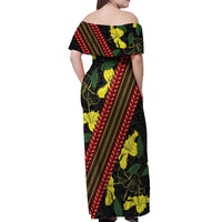 Samoan Culture Off Shoulder Maxi Dress Hibiscus and Ula Fala with Tapa Pattern Black Color LT03 - Polynesian Pride