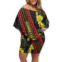 Samoan Culture Off Shoulder Short Dress Hibiscus and Ula Fala with Tapa Pattern Black Color LT03 Women Black - Polynesian Pride