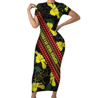 Samoan Culture Short Sleeve Bodycon Dress Hibiscus and Ula Fala with Tapa Pattern Black Color LT03 Long Dress Black - Polynesian Pride