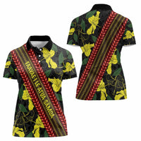 Samoan Culture Women Polo Shirt Hibiscus and Ula Fala with Tapa Pattern Black Color