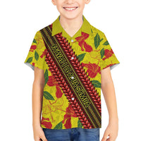 Samoan Culture Family Matching Long Sleeve Bodycon Dress and Hawaiian Shirt Hibiscus and Ula Fala with Tapa Pattern YellowColor