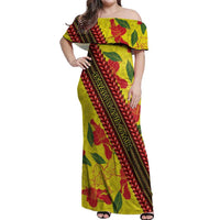 Samoan Culture Off Shoulder Maxi Dress Hibiscus and Ula Fala with Tapa Pattern YellowColor LT03 Women Yellow - Polynesian Pride