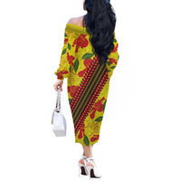 Samoan Culture Off The Shoulder Long Sleeve Dress Hibiscus and Ula Fala with Tapa Pattern YellowColor