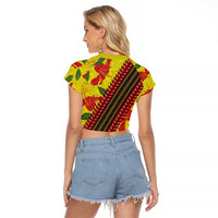 Samoan Culture Raglan Cropped T Shirt Hibiscus and Ula Fala with Tapa Pattern YellowColor