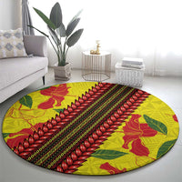 Samoan Culture Round Carpet Hibiscus and Ula Fala with Tapa Pattern Yellow Color LT03 - Polynesian Pride