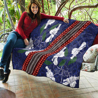 Samoan Culture Quilt Hibiscus and Ula Fala with Tapa Pattern Blue Color LT03 - Polynesian Pride