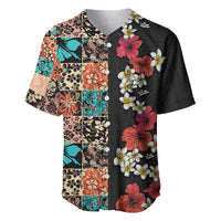 Hawaiian Hibiscus and Tropical Leaves Baseball Jersey Patchwork Grunge Abstract Vintage Style LT03 Black - Polynesian Pride