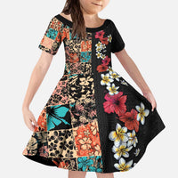 Hawaiian Hibiscus and Tropical Leaves Kid Short Sleeve Dress Patchwork Grunge Abstract Vintage Style LT03 KID Black - Polynesian Pride