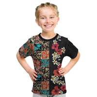 Hawaiian Hibiscus and Tropical Leaves Kid T Shirt Patchwork Grunge Abstract Vintage Style LT03 Black - Polynesian Pride