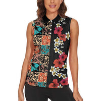 Hawaiian Hibiscus and Tropical Leaves Women Sleeveless Polo Shirt Patchwork Grunge Abstract Vintage Style LT03 - Polynesian Pride