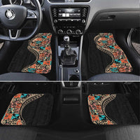 Hawaiian Hibiscus and Tropical Leaves Car Mats Patchwork Grunge Abstract and Tapa Tribal Pattern Half Style LT03 Set 4pcs Black - Polynesian Pride