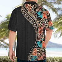Hawaiian Hibiscus and Tropical Leaves Hawaiian Shirt Patchwork Grunge Abstract and Tapa Tribal Pattern Half Style