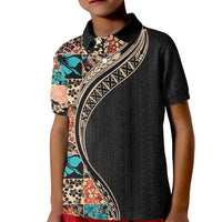 Hawaiian Hibiscus and Tropical Leaves Kid Polo Shirt Patchwork Grunge Abstract and Tapa Tribal Pattern Half Style LT03 Kid Black - Polynesian Pride