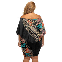 Hawaiian Hibiscus and Tropical Leaves Off Shoulder Short Dress Patchwork Grunge Abstract and Tapa Tribal Pattern Half Style
