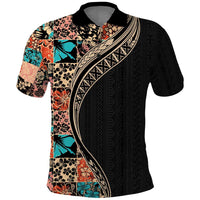 Hawaiian Hibiscus and Tropical Leaves Polo Shirt Patchwork Grunge Abstract and Tapa Tribal Pattern Half Style LT03 Black - Polynesian Pride